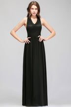 V-neck Floor Length Sleeveless Lace Top Black Bridesmaid Dress