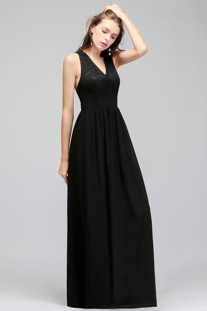 V-neck Floor Length Sleeveless Lace Top Black Bridesmaid Dress