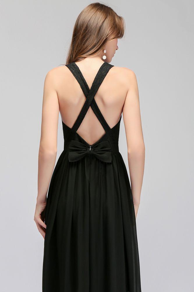 V-neck Floor Length Sleeveless Lace Top Black Bridesmaid Dress