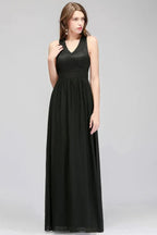 V-neck Floor Length Sleeveless Lace Top Black Bridesmaid Dress by misshow.com