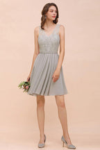 V-Neck Floral Lace Mini Homecoking Dress Grey Simple Chiffon Bridesmaid Dress Party Dress
