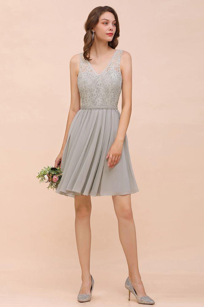 V-Neck Floral Lace Mini Homecoking Dress Grey Simple Chiffon Bridesmaid Dress Party Dress