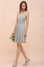 V-Neck Floral Lace Mini Homecoking Dress Grey Simple Chiffon Bridesmaid Dress Party Dress