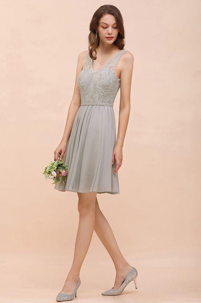 V-Neck Floral Lace Mini Homecoking Dress Grey Simple Chiffon Bridesmaid Dress Party Dress