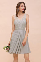 V-Neck Floral Lace Mini Homecoking Dress Grey Simple Chiffon Bridesmaid Dress Party Dress