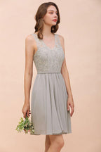 V-Neck Floral Lace Mini Homecoking Dress Grey Simple Chiffon Bridesmaid Dress Party Dress