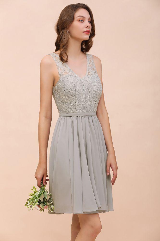 V-Neck Floral Lace Mini Homecoking Dress Grey Simple Chiffon Bridesmaid Dress Party Dress