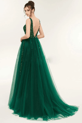 V Neck Open Back Tulle Green Long Prom Dresses With Sequins PSK104