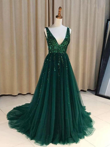 V Neck Open Back Tulle Green Long Prom Dresses With Sequins PSK104