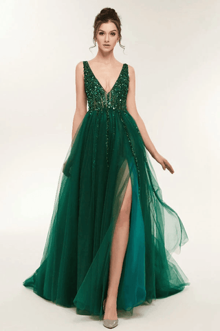 V Neck Open Back Tulle Green Long Prom Dresses With Sequins PSK104