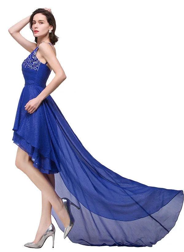 V-Neck Hi-lo A-line One-shoulder Ruffle Blue Chiffon Prom Dresses by misshow.com
