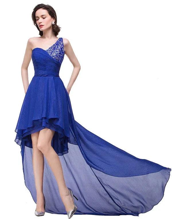 V-Neck Hi-lo A-line One-shoulder Ruffle Blue Chiffon Prom Dresses by misshow.com