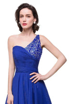V-Neck Hi-lo A-line One-shoulder Ruffle Blue Chiffon Prom Dresses by misshow.com