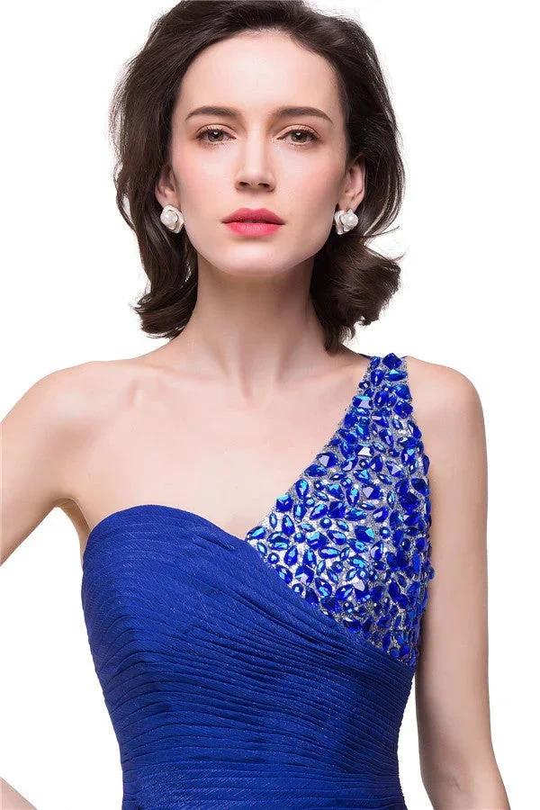 V-Neck Hi-lo A-line One-shoulder Ruffle Blue Chiffon Prom Dresses by misshow.com