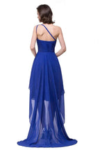 V-Neck Hi-lo A-line One-shoulder Ruffle Blue Chiffon Prom Dresses by misshow.com