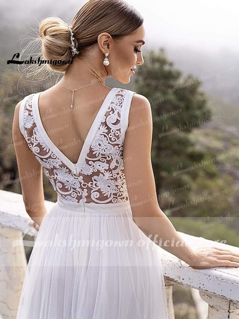 NumberSea V-neck Lace Appliques Boho Wedding Dress