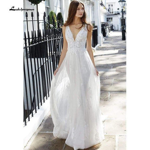 NumberSea V-Ausschnitt Spitze Rückenfreies Boho Brautkleid