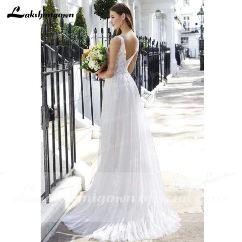 NumberSea V-Ausschnitt Spitze Rückenfreies Boho Brautkleid