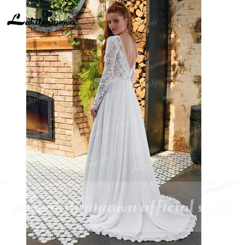 NumberSea V-Ausschnitt Spitze Langarm Rückenfrei Chiffon Brautkleider