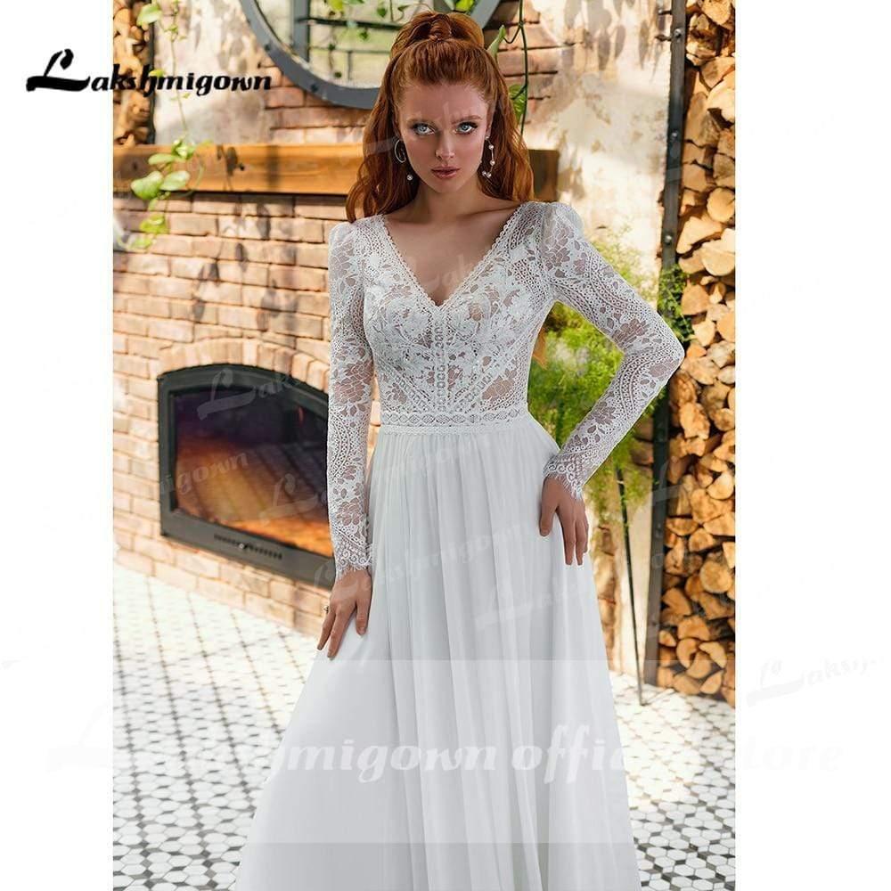 NumberSea V Neck Lace Long Sleeve Backless Chiffon Wedding Dresses
