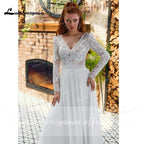 NumberSea V Neck Lace Long Sleeve Backless Chiffon Wedding Dresses