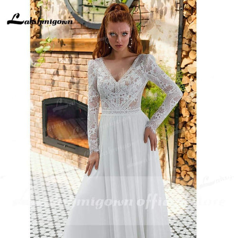NumberSea V-Ausschnitt Spitze Langarm Rückenfrei Chiffon Brautkleider