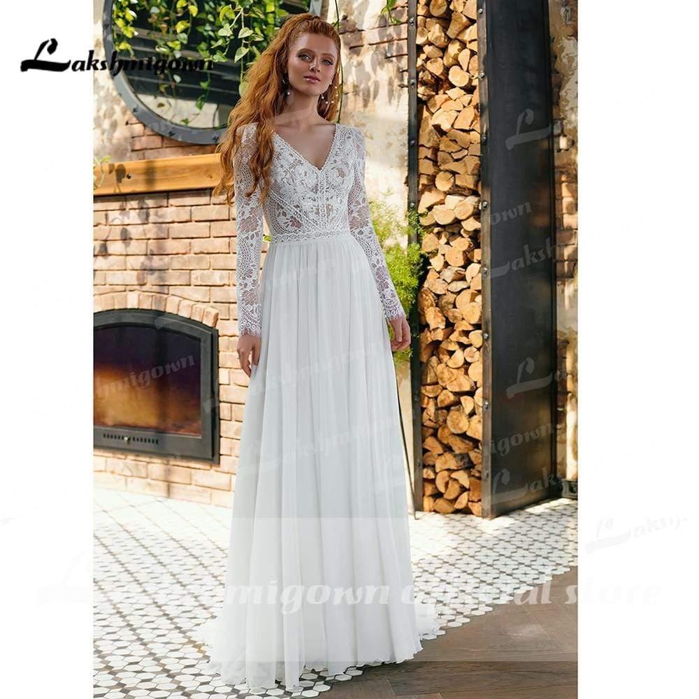 NumberSea V Neck Lace Long Sleeve Backless Chiffon Wedding Dresses