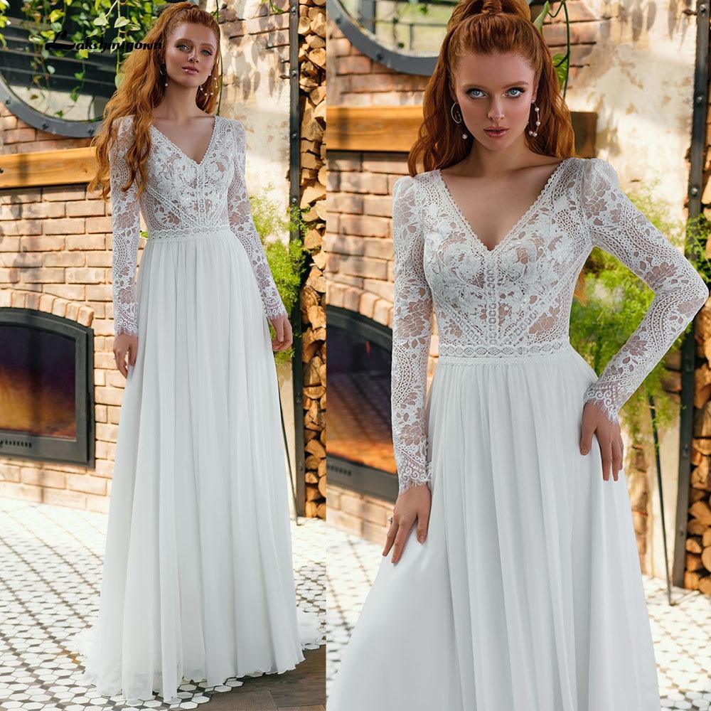 NumberSea V Neck Lace Long Sleeve Backless Chiffon Wedding Dresses