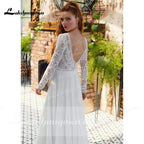 NumberSea V Neck Lace Long Sleeve Backless Chiffon Wedding Dresses