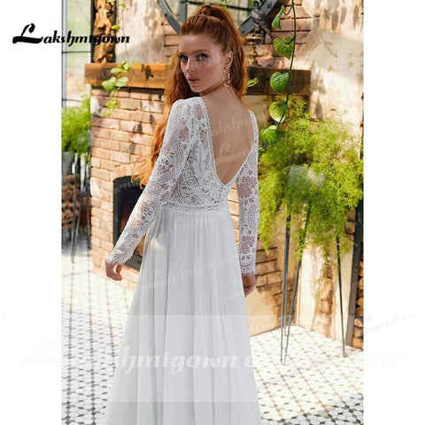 NumberSea V-Ausschnitt Spitze Langarm Rückenfrei Chiffon Brautkleider