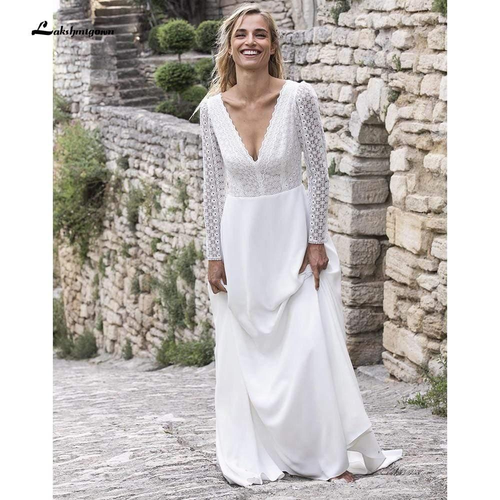 NumberSea V Neck Lace Long Sleeve Backless Wedding Dresses