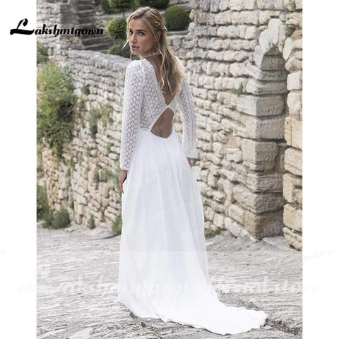 Vestidos de noiva NumberSea com decote em V e renda, manga comprida e costas nuas