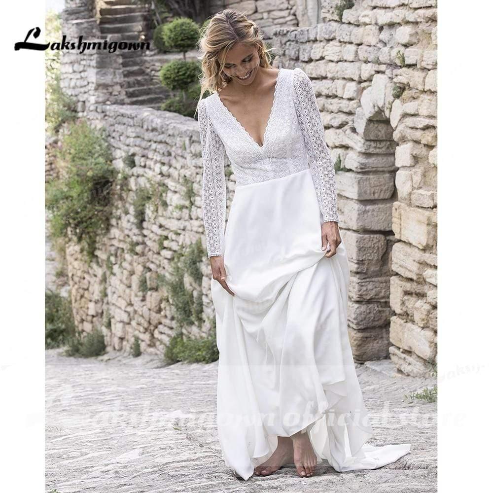 NumberSea V Neck Lace Long Sleeve Backless Wedding Dresses