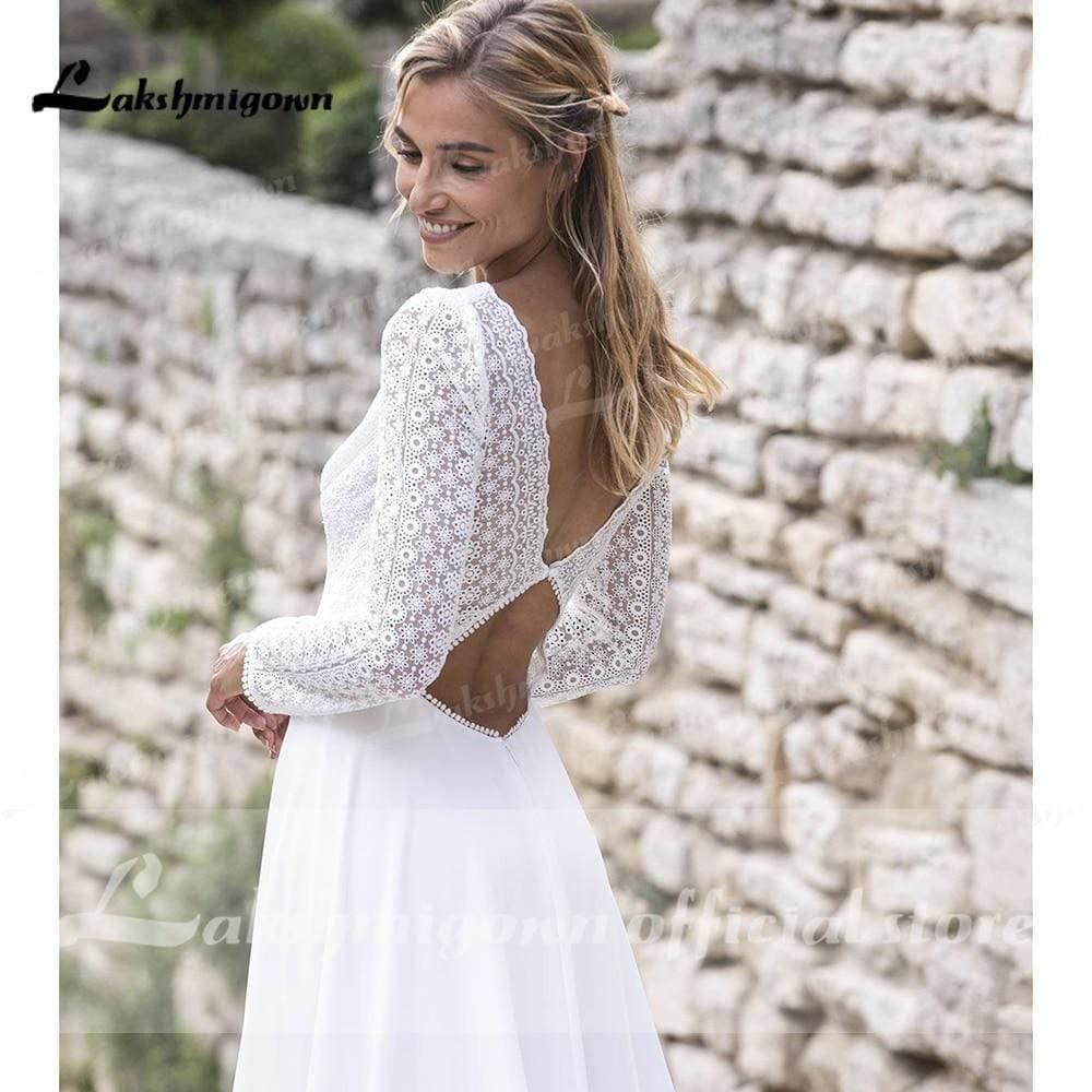 NumberSea V Neck Lace Long Sleeve Backless Wedding Dresses