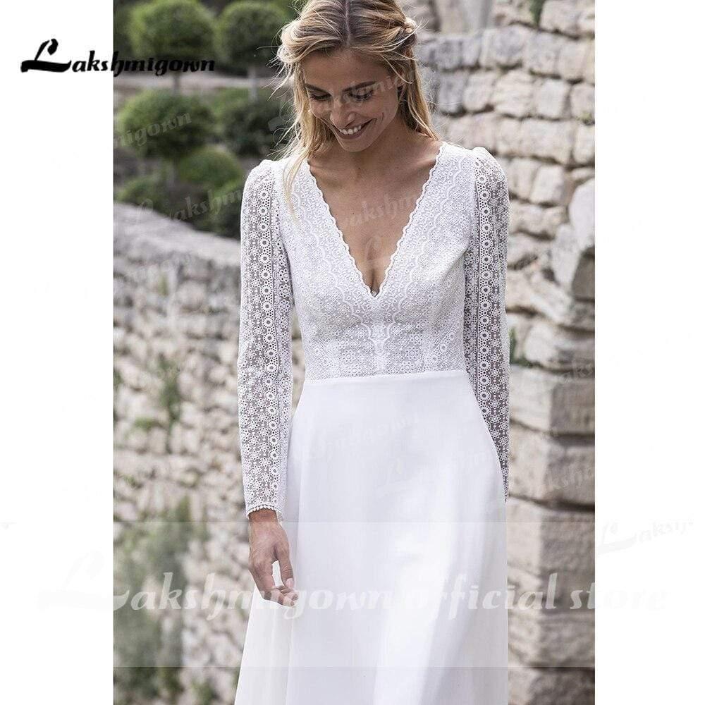 NumberSea V Neck Lace Long Sleeve Backless Wedding Dresses