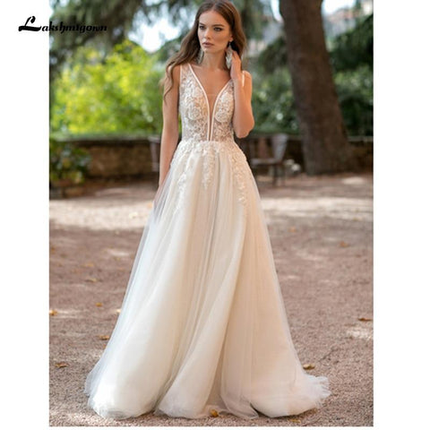 NumberSea V-Ausschnitt Spitze Brautkleid Applikation Ärmellos