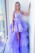 Abito da Sera Formale con Scollo a V in Tulle Lilla e Orlo Asimmetrico PSK155