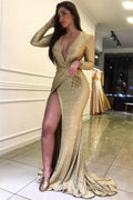 Vestido de gala largo de sirena con escote en V, mangas largas y abertura lateral con lentejuelas