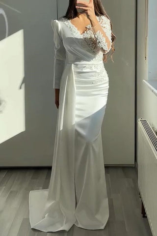 White V-Neck Long Sleeves Ruffle Mermaid Prom Dress with Lace Appliques