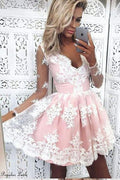 Abito da ballo corto rosa tulle a scollo a V, maniche lunghe, con applicazioni  PG160