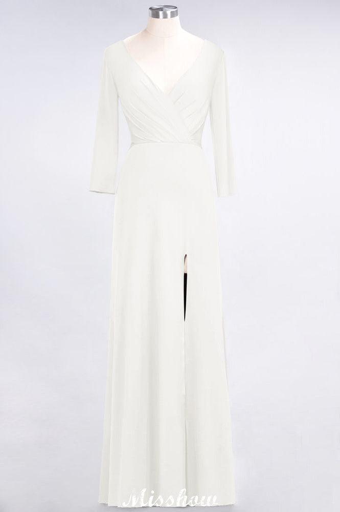 V-Neck Long-Sleeves Side-Slit Floor-Length Bridesmaid Dress with Ruffles