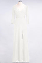 V-Neck Long-Sleeves Side-Slit Floor-Length Bridesmaid Dress with Ruffles