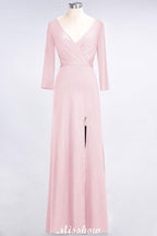 V-Neck Long-Sleeves Side-Slit Floor-Length Bridesmaid Dress with Ruffles