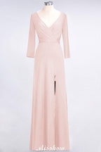 V-Neck Long-Sleeves Side-Slit Floor-Length Bridesmaid Dress with Ruffles