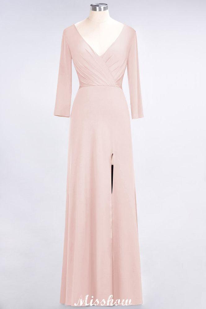 V-Neck Long-Sleeves Side-Slit Floor-Length Bridesmaid Dress with Ruffles