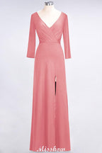 V-Neck Long-Sleeves Side-Slit Floor-Length Bridesmaid Dress with Ruffles