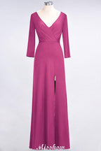 V-Neck Long-Sleeves Side-Slit Floor-Length Bridesmaid Dress with Ruffles