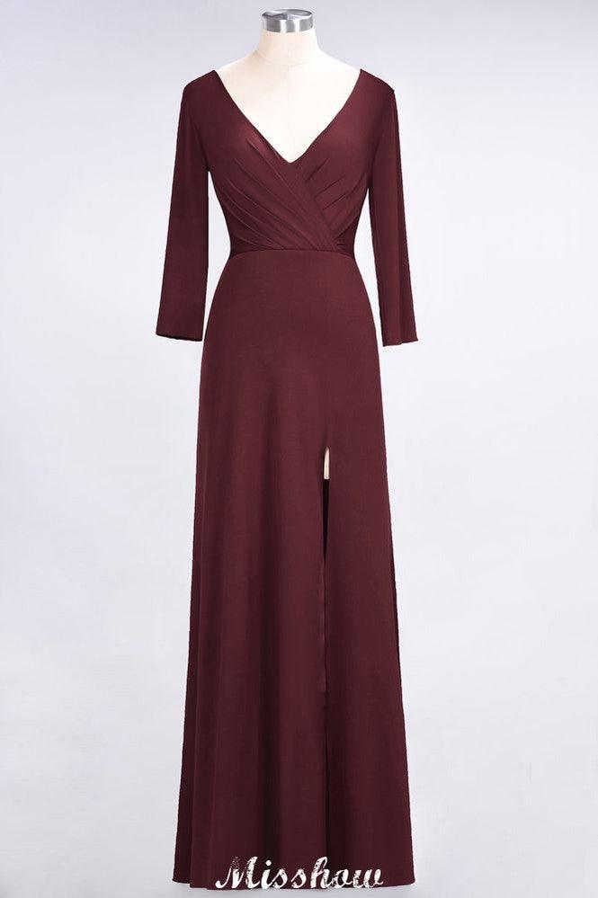 V-Neck Long-Sleeves Side-Slit Floor-Length Bridesmaid Dress with Ruffles
