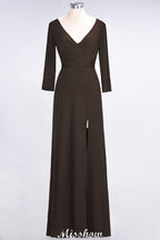 V-Neck Long-Sleeves Side-Slit Floor-Length Bridesmaid Dress with Ruffles