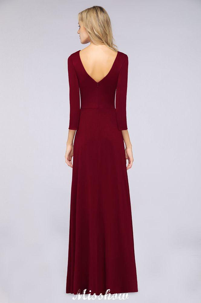 V-Neck Long-Sleeves Side-Slit Floor-Length Bridesmaid Dress with Ruffles